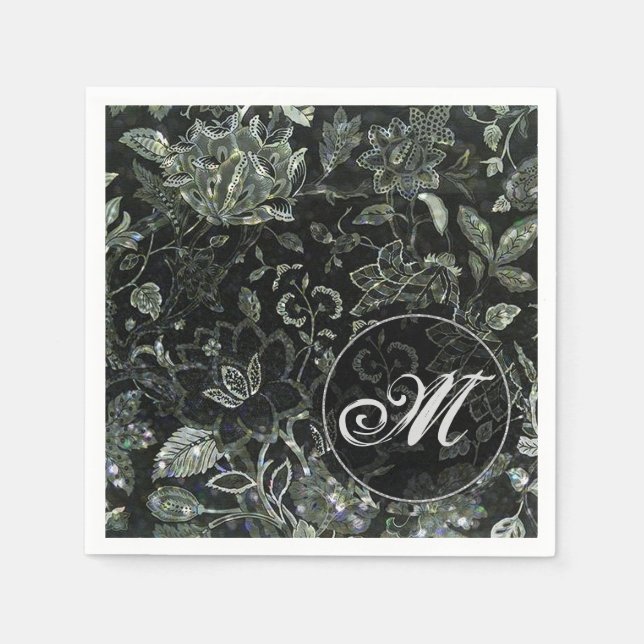 Svarta vintage blommönstrade servetter med monogra (Framsidan)