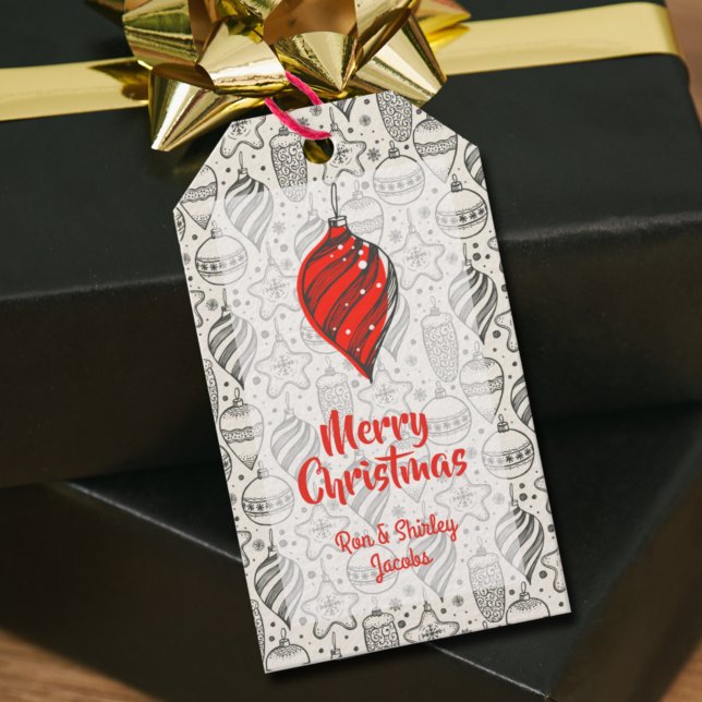 Svarta vintage julgransprydnader semester presentetikett (Skapare uppladdad)