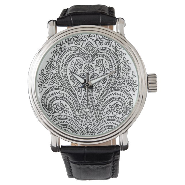Svarta + vita - blomma + Paisley Mönster - titta p Armbandsur (Framsida)