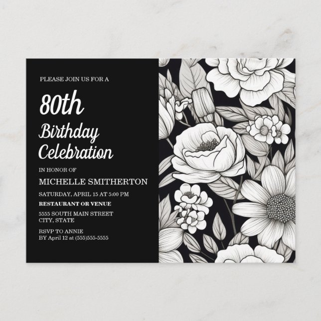 Svarta Vita Blommor 80-årsdag Inbjudan Vykort (Framsida)
