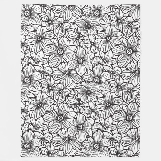 Svarta Vita Blommor Fleecefilt (Framsidan)