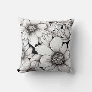 Svarta Vita Blommor Linje Konst Handritad Kudde