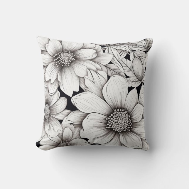 Svarta Vita Blommor Linje Konst Handritad Kudde (Framsida)