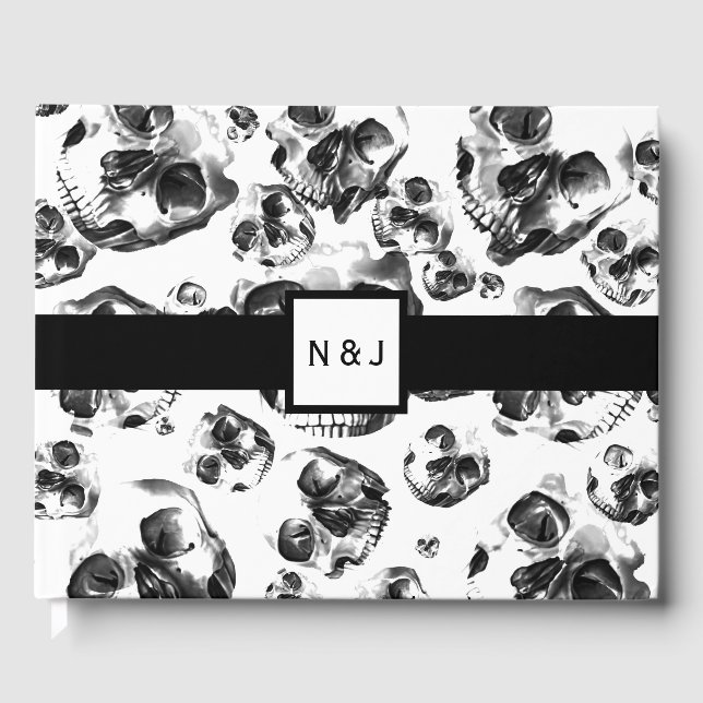 Svarta & Vita Döskallar Skelett Döskalle Bröllop Gästböcker (Framsida)