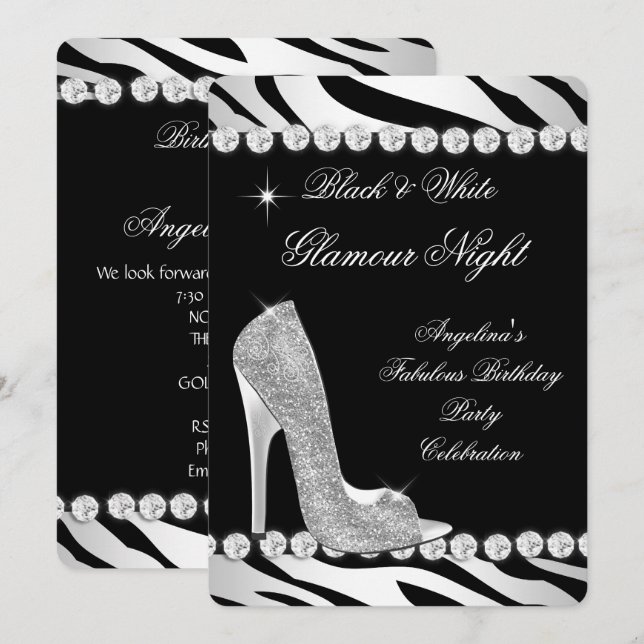 Svarta Vita Glamour Natt Zebra Glitter Skor Inbjudningar (Fram/baksida)