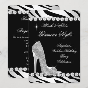 Svarta Vita Glamour Natt Zebra Glitter Skor Inbjudningar