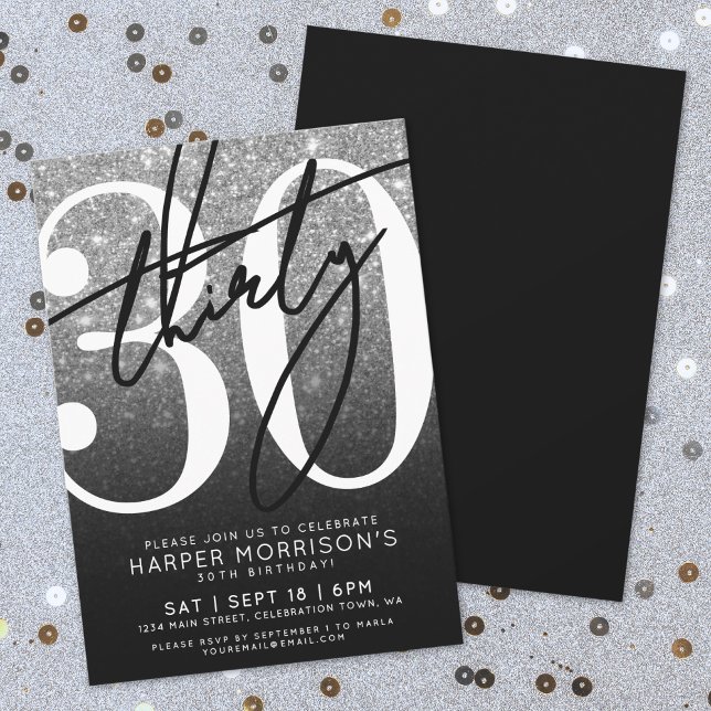 Svarta vita Glitter 30års födelsedag Inbjudningar (Black White Glitter 30th Birthday Invitation)