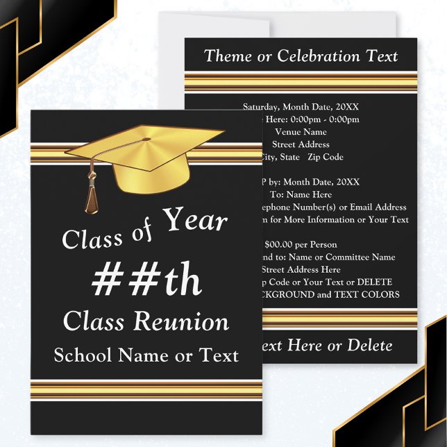 Svarta, vita, Guld, Personlig Class Reunion Inbjudningar (Personalized Black Gold, Class Reunion Invitations. 50th, 40th, 30th class reunion invitations.)