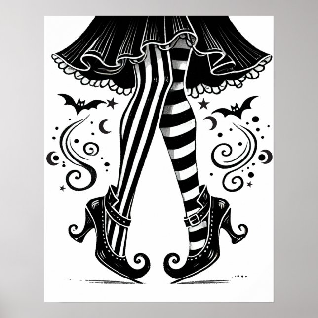 Svarta & Vita Häxben Whimsical Halloween Poster (Framsidan)