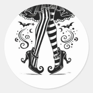 Svarta & Vita Häxben Whimsical Halloweenfest Runt Klistermärke