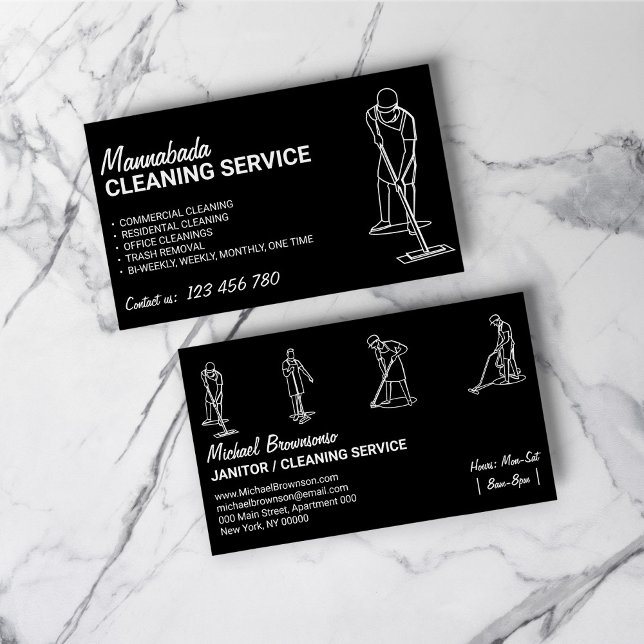Svarta Vita husstädning män städning Visitkort (Black White House Cleaning Men Janitorial Business Card)