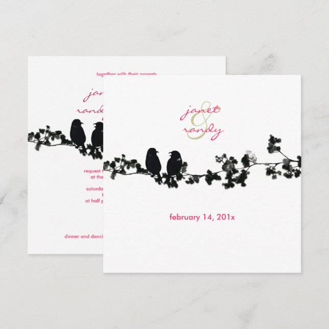 Svarta + vita kärleksfåglar inbjudningar (Fram/baksida)