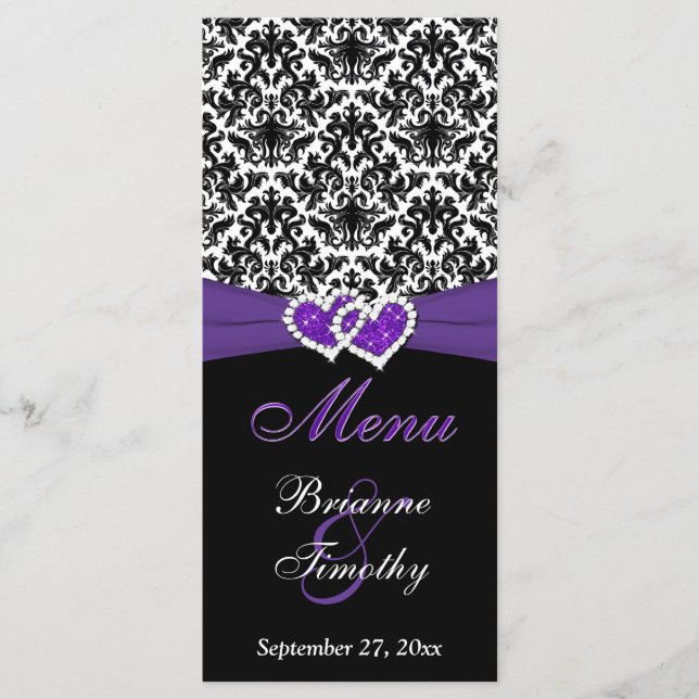 Svarta, vita, Lila Damask, Hearts Bröllop Menu Meny (Framsida)