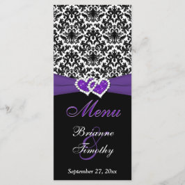 Svarta, vita, Lila Damask, Hearts Bröllop Menu Meny
