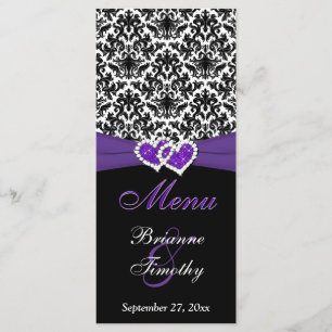Svarta, vita, Lila Damask, Hearts Bröllop Menu Meny