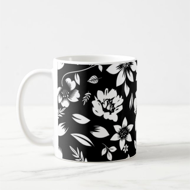 Svarta Vita Moderna Blommor Blad som blåser Kaffemugg (Vänster)
