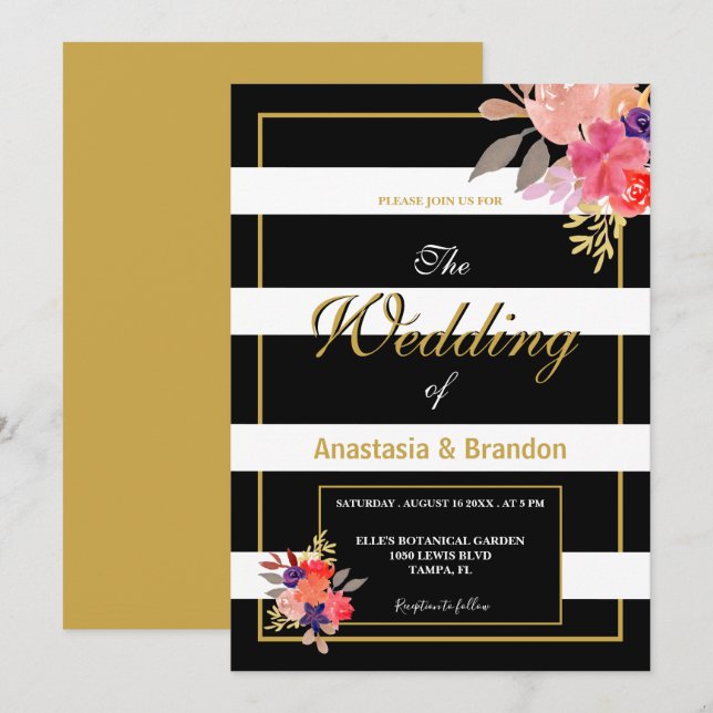 Svarta, vita och Guld Blommigt Bröllop Inbjudningar (Fram/baksida)