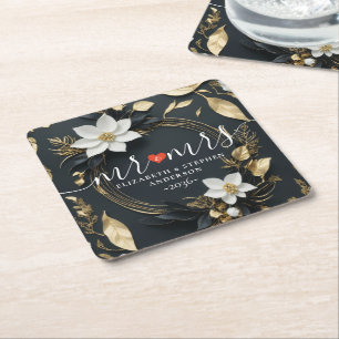 Svarta Vita och Guld Blommigt WAN Bröllop, Mrs. Underlägg Papper Kvadrat