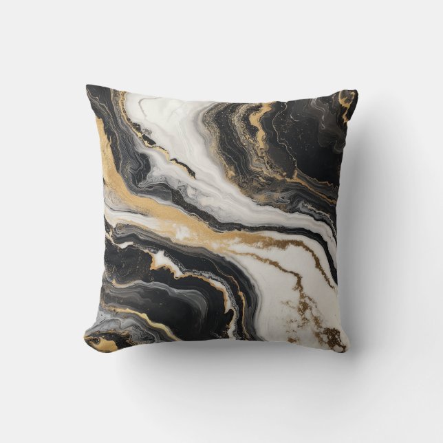 Svarta, vita och Guld Marble Swirl Dekorativ kudde (Framsida)