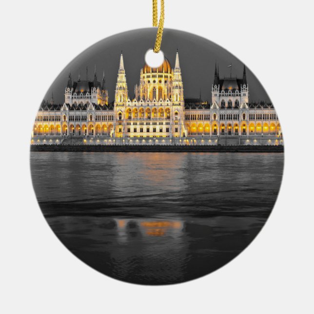 Svarta, vita och Gult Budapest Ljus Julgransprydnad Keramik (Framsidan)