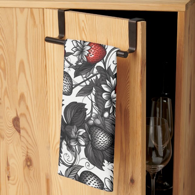 Svarta, vita och röda jordgubbar överallt kökshandduk (Thirds Fold)