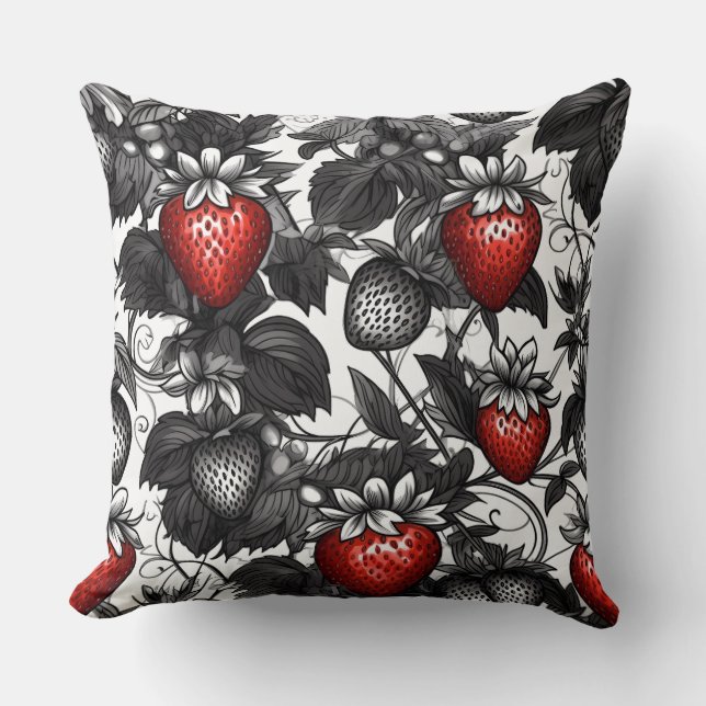 Svarta, vita och röda jordgubbar överallt kudde (Framsida)