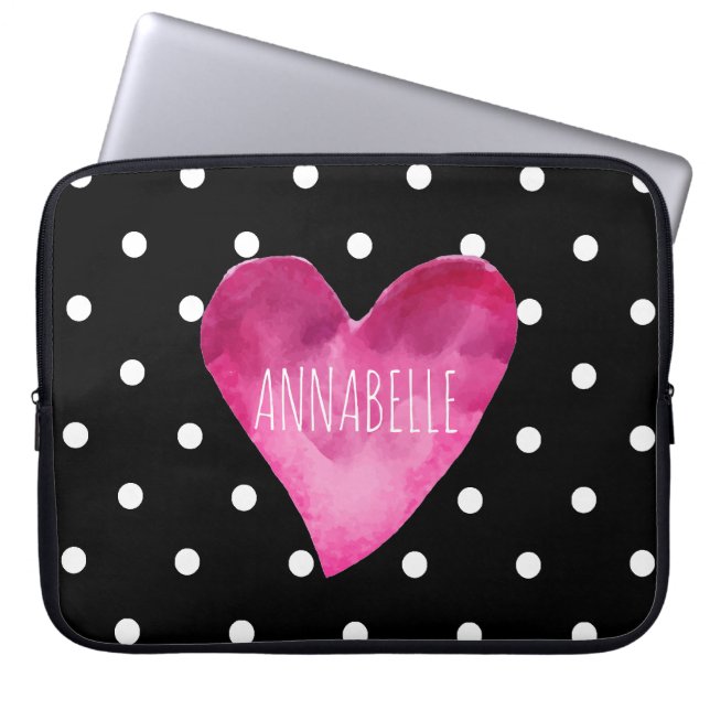 Svarta + vita polka dots, vattenfärgshjärtmonogram laptop sleeve (Framsidan)