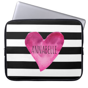 Svarta + vita Randar, vattenfärgshjärtmonogram Laptop Fodral