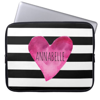 Svarta + vita Randar, vattenfärgshjärtmonogram Laptop Fodral