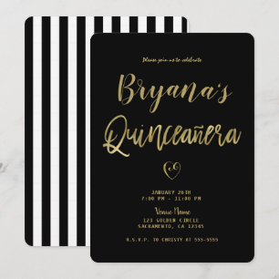 Svarta & Vita Ränder Guld Chic 15 Quinceañera Inbjudningar