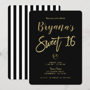 Svarta & vita ränder Guld Chic Modern Sweet 16 Inbjudningar