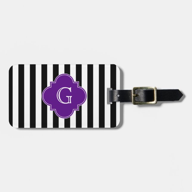 Svarta Vita Ränder, Lila Etikett Monogram Bagagebricka (Horisontell Framsida)
