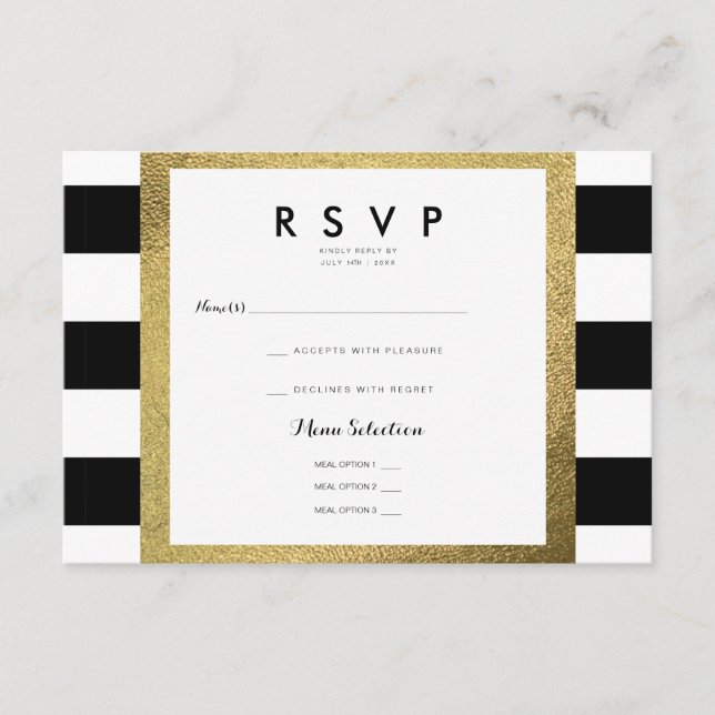 Svarta & vita ränder med guld RSVP bröllop OSA Kort (Framsida)