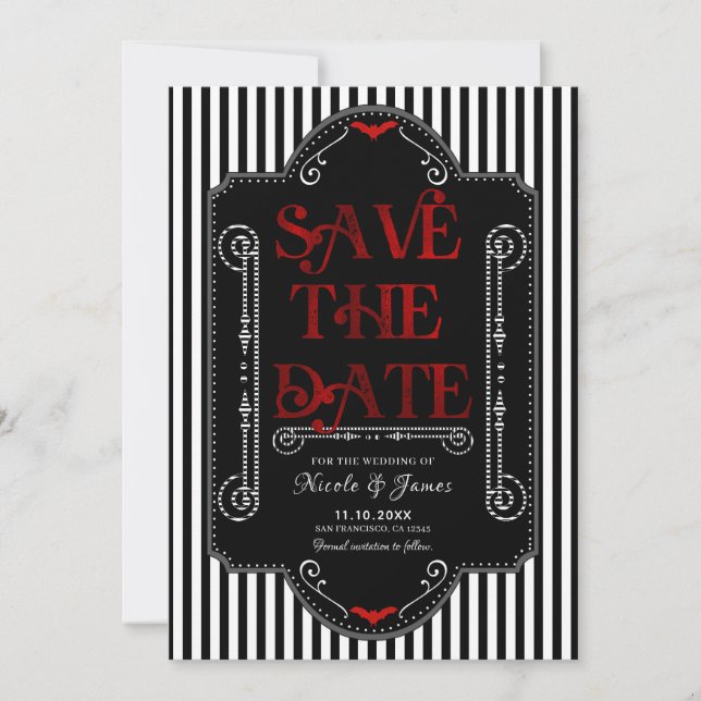 Svarta Vita Ränder Röda Gotisk Fladdermus Bröllop Spara Datumet (Framsida)