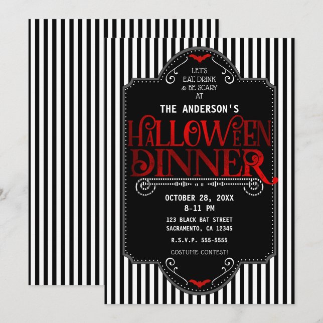Svarta Vita Ränder Röda Gotisk Halloween Middag Inbjudningar (Fram/baksida)
