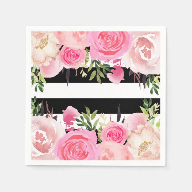 Svarta Vita Ränder Rosa Blommig Bröllopsdusch Pappersservett (Framsidan)