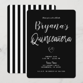 Svarta & Vita Ränder Silver Hjarta 15 Quinceañera Inbjudningar