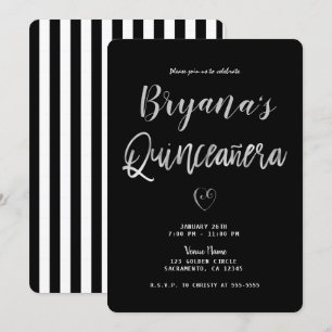 Svarta & Vita Ränder Silver Hjarta 15 Quinceañera Inbjudningar