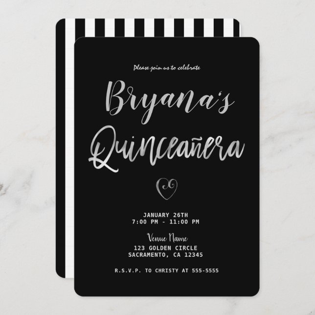 Svarta & vita ränder Silverhjärta 15 Quinceañera  Inbjudningar (Fram/baksida)