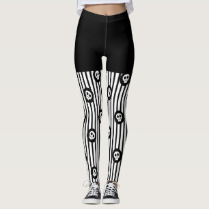 Svarta & Vita Ränder & Små Döskallar Halloween Leggings