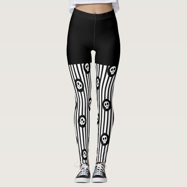 Svarta & Vita Ränder & Små Döskallar Halloween Leggings (Framsida)
