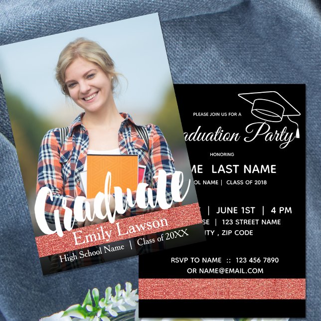 Svarta vita Ro Glitter | Foto Studenten-kort Inbjudningar (Black White Rose Glitter | Photo Graduation card)