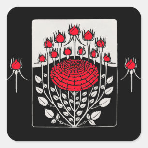 SVARTA VITA RÖDA ROSOR ,ROSBUDAR Art Nouveau Blomm Fyrkantigt Klistermärke