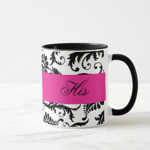 Svarta, vita, Rosa Damask "Hans" Mugg