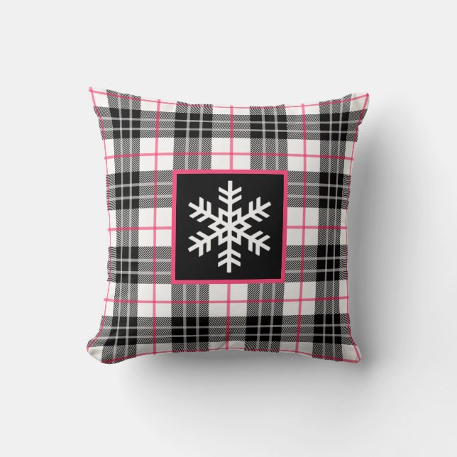 Svarta, vita, Rosa Plade med snöflingan Pillow Kudde (Framsida)