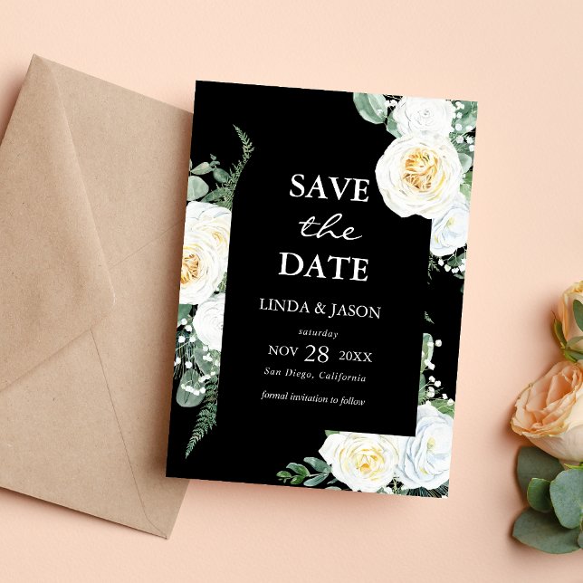 Svarta Vita Rosor Bröllop Spara Datum-kort Inbjudningar (Black white roses save the date card sets a timeless tone for your wedding announcement.)