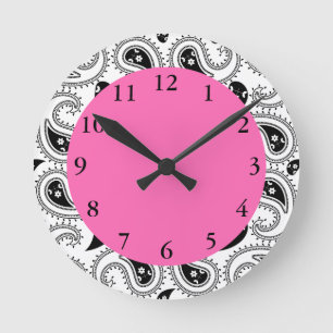 Svarta, vita, Shock rosa Paisley Mönster Rund Klocka