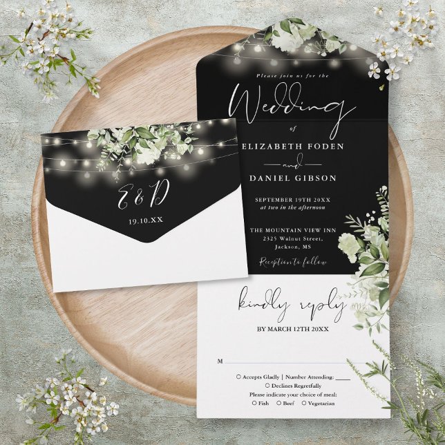 Svarta Vita Strängljus Blommig Monogram Bröllop (Black White String Lights Floral Monogram Wedding All In One Invitation)
