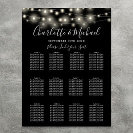 Svarta vita strängljus bröllops sittplatskarta poster