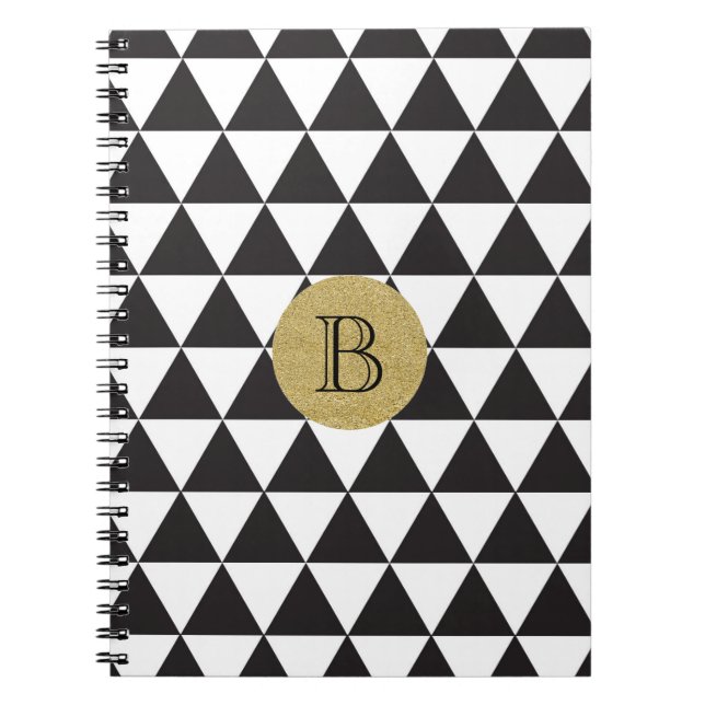Svarta & Vita Trianglar & Guld Glamourös Chic Anteckningsbok (Framsidan)